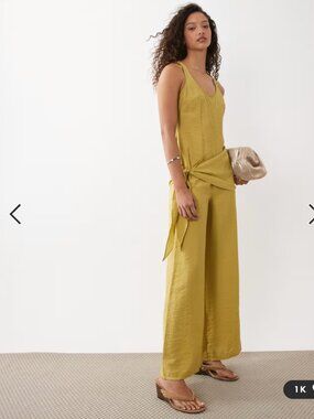 ASOS DESIGN satin crinkle jumpsuit with scarf waist detail in chartreuse